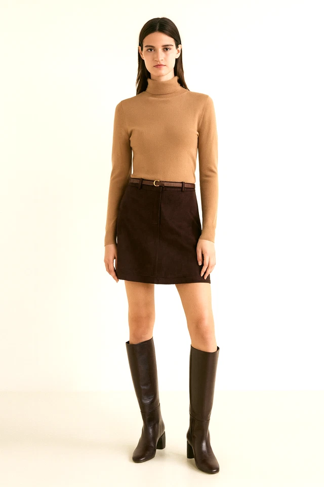 Minifalda vintage de cuero gamuza marrón Siena Studio talla 8 forrada con cremallera frontal Foto 1 de 4