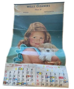 19"x12" 1958 Girl & Dog Pin-up No Markings Wells Cleaners Minnesota Calendar - Picture 1 of 9