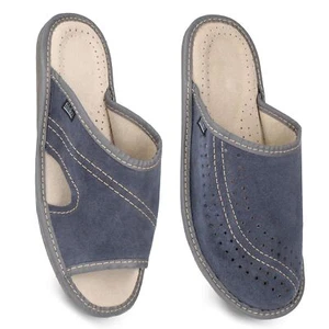 Hausschuhe Herren Leder blau Pantoletten offen Velours Gr. 40-46 Latschen filsko