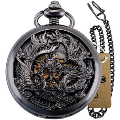New Mechanical Wind up Pocket Watch Full Hunter Men Women Fob Watches with Chain - Image 1 of 4