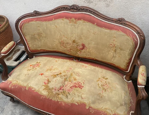 Antique Faded Glory Real Louis XV Aubusson Tapestry Lounge Suite Couch 4 Chairs Cover