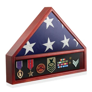 Estuche de exhibición de caja de sombra con bandera y medalla militar, caoba - Imagen 1 de 1