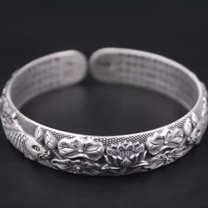 Brazalete brazalete de plata pura S999 para mujer con flores en relieve de 2,3-2,4 pulgadas - Imagen 1 de 5