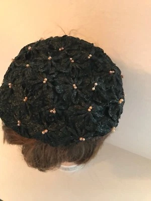 Sombrero de verano para mujer de paja negra con cuentas rosas PEQUEÑO  Foto 1 de 4