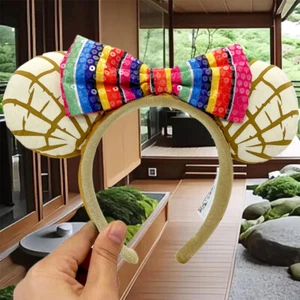 Disney* Parks Limited Rainbow Bow Mexican Pan Dulce Concha Minnie Ears Headband - Picture 1 of 7
