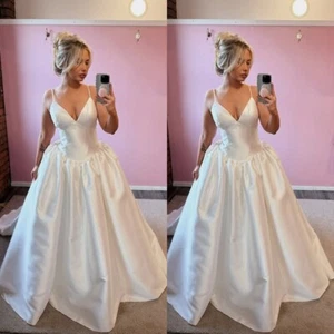 V Neck Wedding Dresses Spaghetti Straps Drop Waist A Line Satin Bridal Gowns - Picture 1 of 9