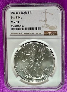 2024 (P) $1 American Silver Eagle ASE Star Privy NGC MS69 - Picture 1 of 2