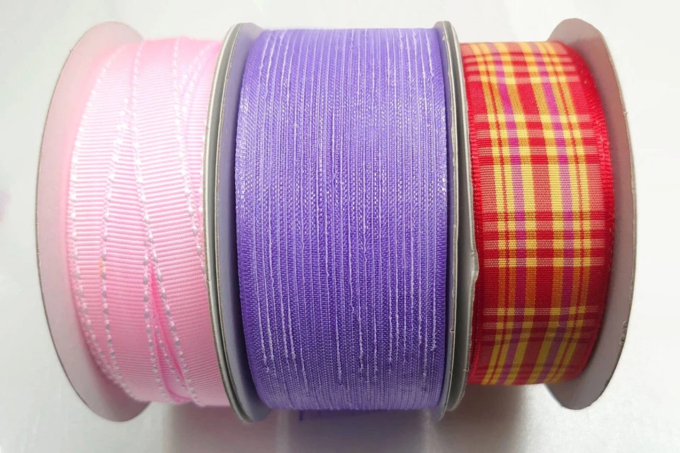 Valentines Day SALE! 7/8"+ 3/8"+1.5" Yd Fancy Purple & Plaid  Ribbon Collection - Image 1 of 1