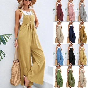 Ladies Solid Casual Wide Leg Dungarees Jumpsuit Baggy Summer Overalls Sizes 6-20 - Picture 1 of 31