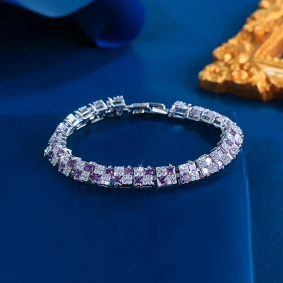 Wide Square Tennis Bracelet Silver Plated Women Cubic Zirconia Wedding Jewelry - Image 1 of 4