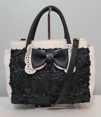Betsey Johnson Floral Ruffle Bow Satchel Crossbody Bag Black White Faux Leather  - Image 1 of 4