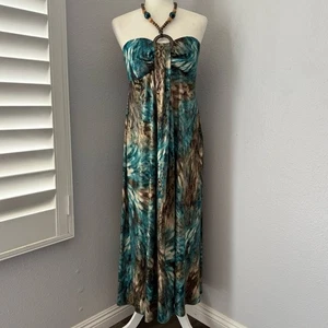 R&M Richards Maxi Dress Teal Brown Beaded Halter Medium y2K style Vacation USA - Picture 1 of 14