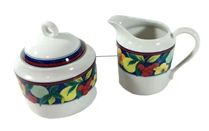 Mikasa Sweet Sonata Creamer & Sugar Bowl With Lid White With Fruit Leaves M5108 - Picture 1 of 9
