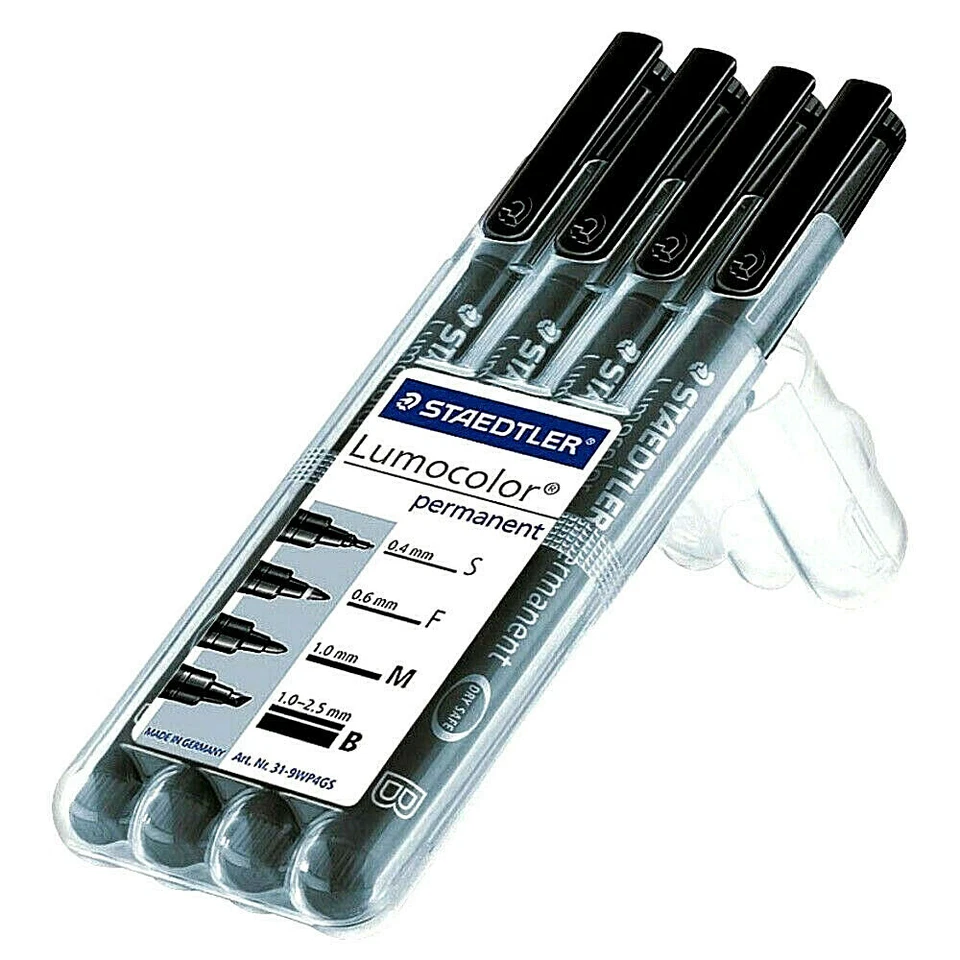 4 Staedler Folienstifte Permanent BK o.4S   o.6F   1.0M   1.0-2.5B  im  ETUI - Bild 1 von 1