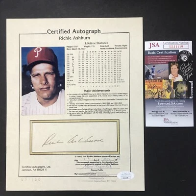 Richie Ashburn Phillies AMERICAN SPORTS COLLECTIBLES STAT SHEET JSA CERTIFIED - Image 1 of 4