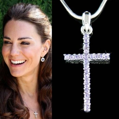 Lila Kreuz mit Swarovski Kristall God Jesus Christus Religiös Halskette Neu - Bild 1 von 3