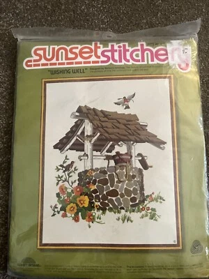 Wishing Well Vintage Crewel Kit Sunset NIP 16x20 Flowers Bird Wool Yarn - Image 1 of 4
