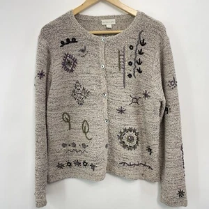 Northern Isles Cardigan Sweater Knit Floral Artsy Silk Linen Beige Womens L - Picture 1 of 11