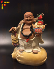 11" Shiwan Colour Porcelain Happy Laugh Maitreya Buddha Yuanbao Money Bag Statue
