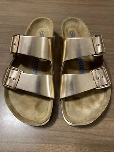 Birkenstock Women's Arizona Soft Footbed Metallic Leather Sandals Sz 7 / 38 EUC - Picture 1 of 10