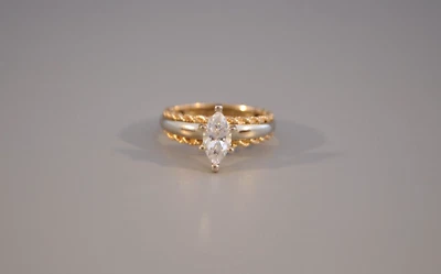 Vintage 14k Solid Gold Ring - Marquise Solitaire CZ Cubic Zirconia Two Tone Gold - Image 1 of 4