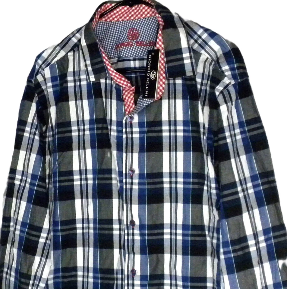NUEVO CON ETIQUETAS ~ GIORGIO BELLINI Para hombres Negro ~ Camisa Manga Larga a Cuadros Azul y Blanco Talla 3XL Foto 1 de 4