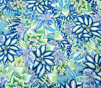 22" Paradise Susie Robbins Quilting Treasures Blue Green Lavender Floral White - Image 1 of 3