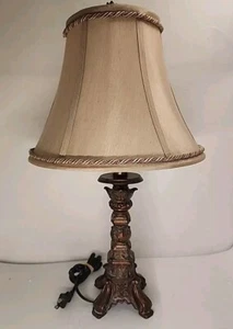 Rare 21" Table Top Lamp, Copper Finish With Tan Silk Shade & Led Bulb.  - Picture 1 of 16