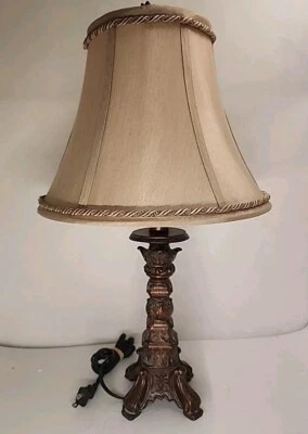 Rare 21" Table Top Lamp, Copper Finish With Tan Silk Shade & Led Bulb.  - Image 1 of 4