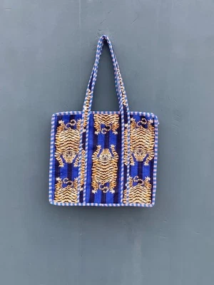 Indien Bleu Imprimé Tigre Matelassé Épaule Sac Femmes Plage Coton Sac US - Photo 1/4