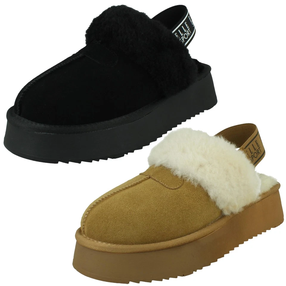 Damen Elle Sport Chunky Sole Hausschuhe Mit Fellbesatz F4R479
