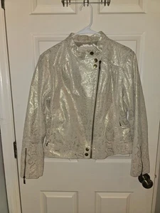 Live A Little Cream Animal Print Leather Motorcycle Jacket - Woman Size L EUC - Picture 1 of 8