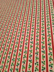 Vintage Christmas Fabric Holly Red Stripe Ticking Remnant 41x40 1 Yard + - Picture 1 of 2