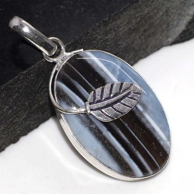 925 Silver Plated Leaf Owhyee Blue Opal Pendant Gemstone Handmade 1.8" MJ - Image 1 of 3