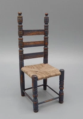 Vintage CJs Minis OOAK Rush Seat Ladder Back Farm Chair Dollhouse Miniature 1:12 - Image 1 of 4