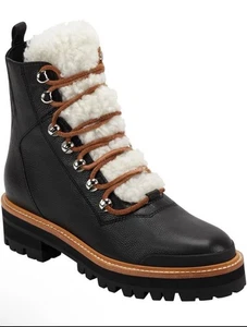 Marc Fisher Izzie Lace Up Boots Black Leather Shearling Women's Sz 7.5 Lug Sole - Picture 1 of 10