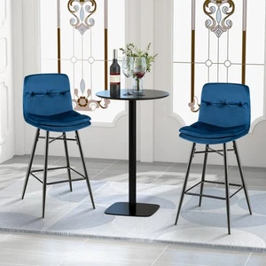 2PC Velvet Bar Stools Bar Height Kitchen Dining Chairs w/ Metal Legs Blue - Picture 1 of 6