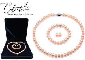 Full Set Real Fresh Water Pearl Pink Necklace Bracelet Earrings 925 Silver Gift - Foto 1 di 12