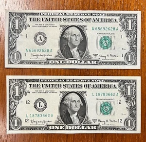 TWO 1963A $1 Federal Reserve Notes: Boston & San Francisco Uncirculated Dollars - Picture 1 of 2