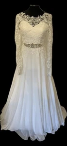 Wedding Dress Size 6 Ivory Guipure Lace & Chiffon Jewelled Belt Long Sleeve £995 - Picture 1 of 17