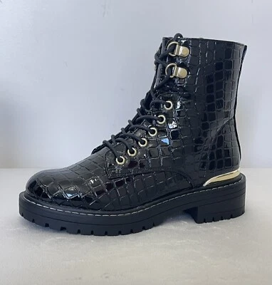 Topshop Black King Lace Up Chunky Croc Patent Boots - RRP £39.99