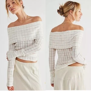 We The Free Snowbunny Ribbed Knit Top Off Shoulder Plaid Long Sleeve Small - Picture 1 of 9
