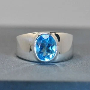 Natural Blue Topaz Gemstone With 14K White Gold Plated Silver Ring for Men's #54 - Picture 1 of 13