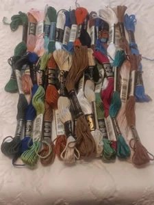 32 DMC Yarn Green, Blue, White, Brown, Pink, 1 Orange, And 1 Maroon Tones - Picture 1 of 4