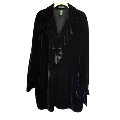 Lauren Ralph Lauren 1X Black Ruffle Poet Neckline Rayon Silk Velvet Tunic  - Image 1 of 4