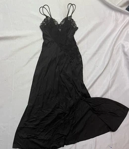 Vintage Val-Mode Lingerie Women's Nightgown Black Maxi Lace High Slit Petite - Picture 1 of 8