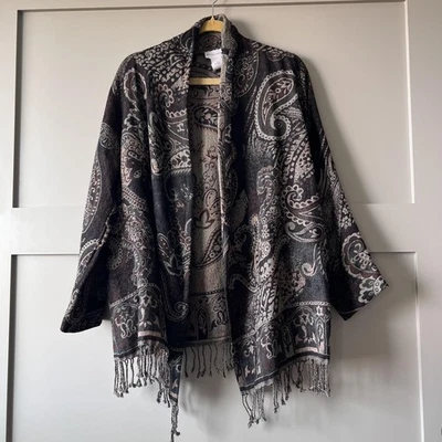 Suéter Soft Surroundings Mujer Pequeño Mediano Negro Lana Paisley Flecos Boho PM Foto 1 de 4