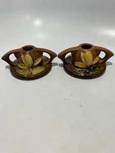 ROSEVILLE Pottery Water Lily 1154-2 Pair Candlestick Holders in great shape!  - Picture 1 of 14
