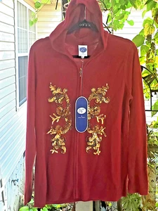 NWT DG2 Diane Gilman Sequin Front Full Zip Sweater Brick Red XL Hooded Cardigan - Picture 1 of 6