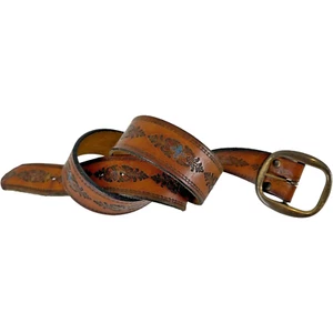 70s Tooled Leather Womens BELT Size 32 Blue Floral Vintage Brass Buckle Hip Boho - Picture 1 of 11